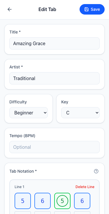 Hi-fi prototype tab editor screen