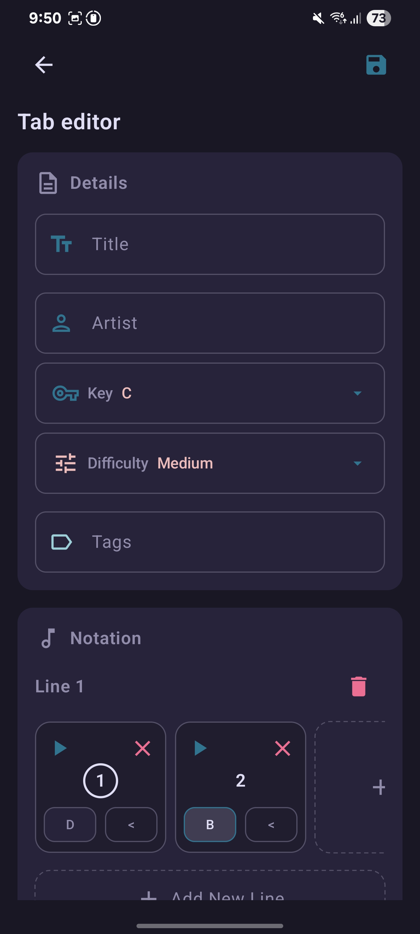 Tab editor screen